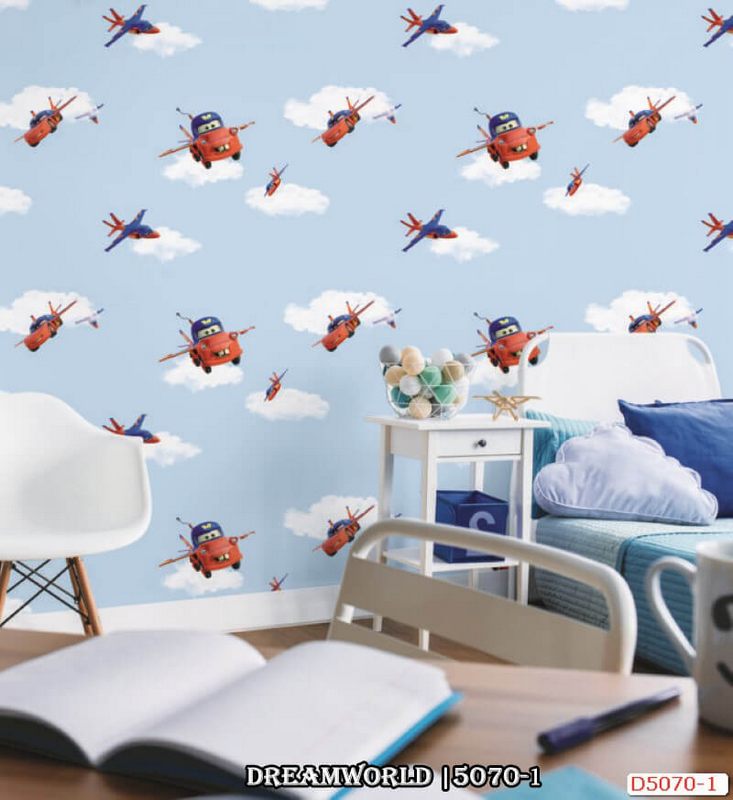 Giấy dán tường trẻ em Hàn Quốc cao cấp Dreamworld 5070-1 nền xanh hình mây họa tiết máy bay phù hợp trang trí phòng bé trai.